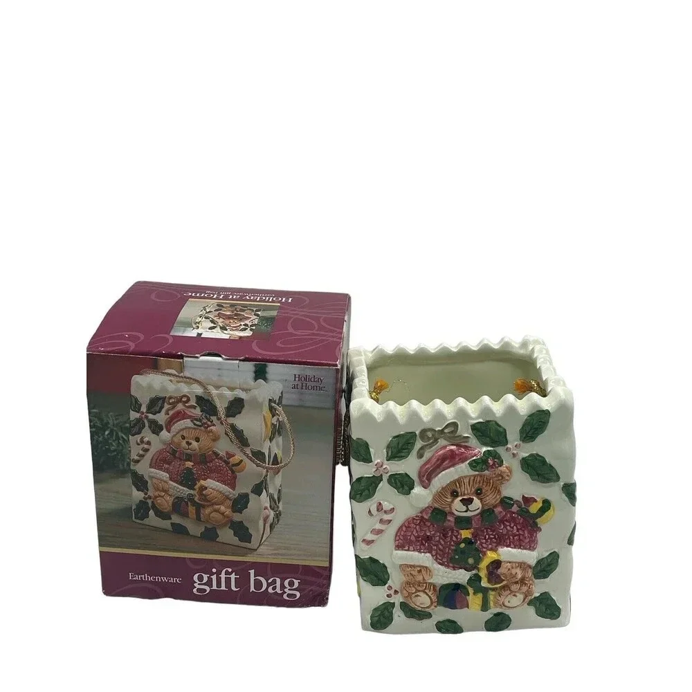 Teddy Bear Dressed As Santa Porcelain Bag Figurine With Box